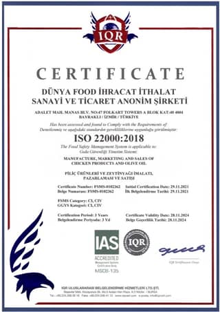 ISO 22000 Gıda Güvenliği Yönetim Sistemi Belgesi